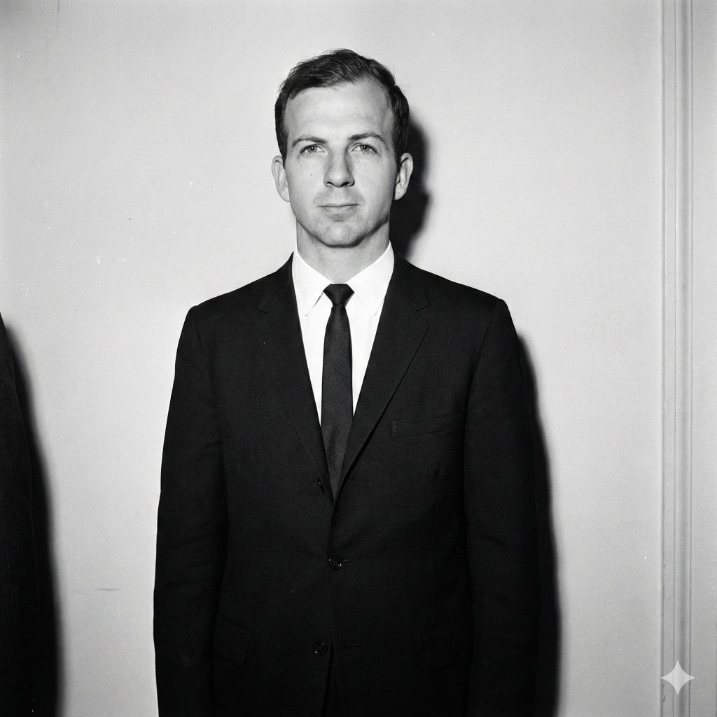 Black and white photograph of Lee Harvey Oswald in a suit